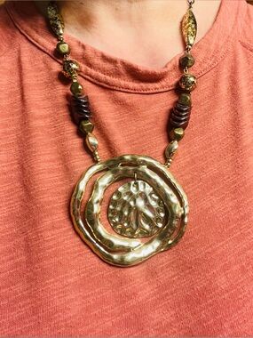 Chico's Gold-Tone Hammered Circle Pendant Necklace with Brown Accents